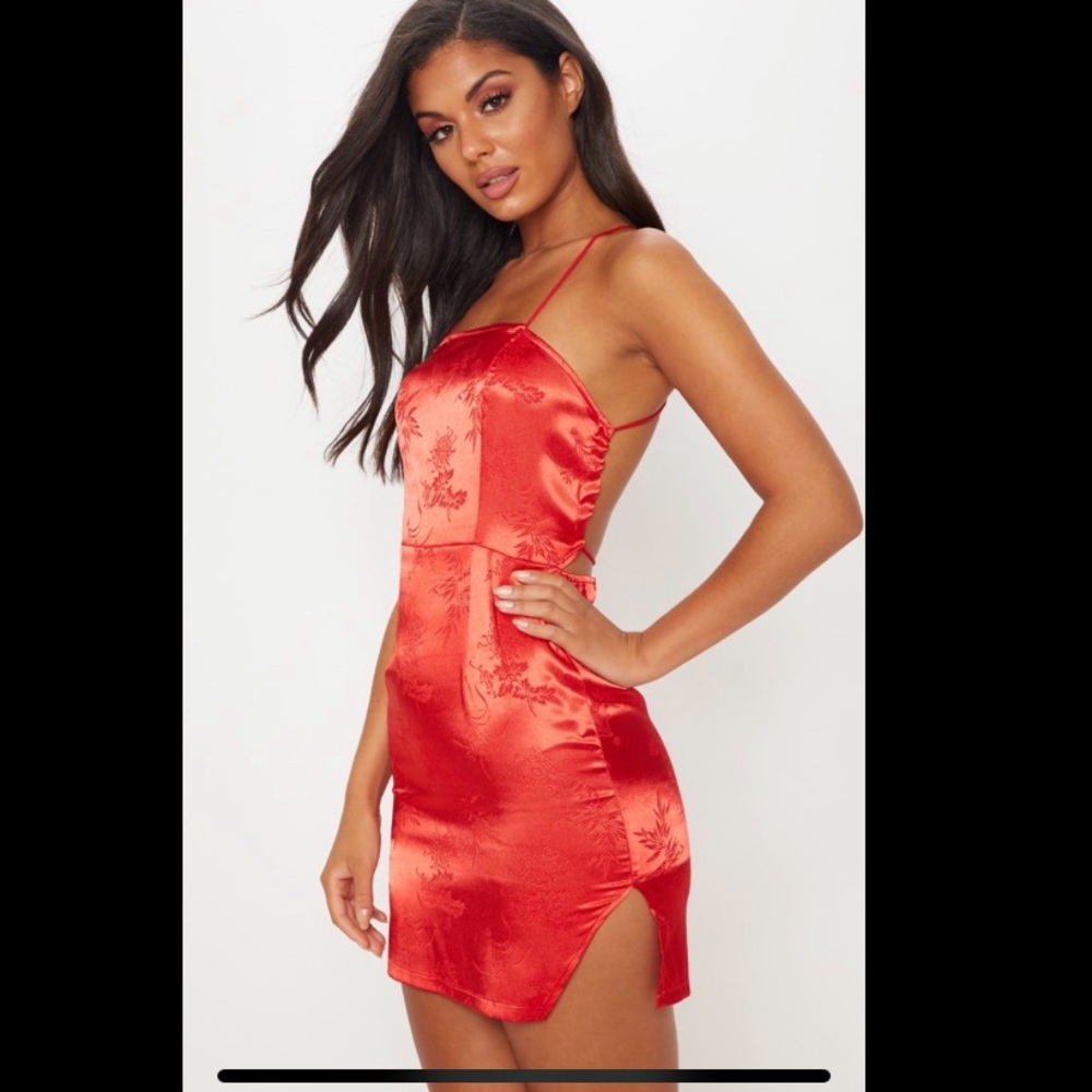 Red Satin Oriental Lace Up Back Bodycon